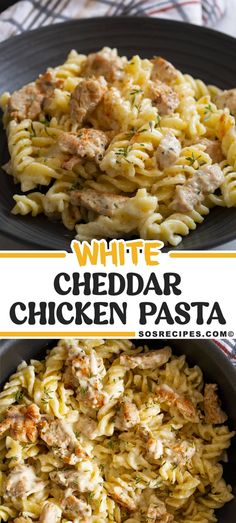 white cheddar chicken pasta in a black bowl with the title overlay above it