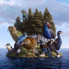 a painting of birds on an island with trees in the background and blue sky above