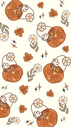 an orange and white background with flowers, leaves and swirls on the bottom half of it