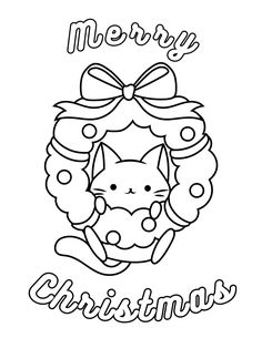 a christmas wreath with a cat inside it and merry lettering on the front, in black and white