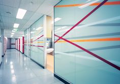 an office hallway with glass walls and colorful lines on the wall