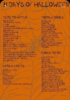 an orange and black poster with the words 31 days of halloween written in different languages