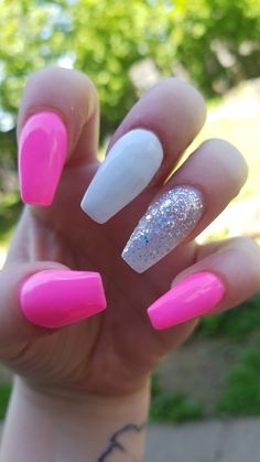 Hot Pink Acrylic Nails Coffin Design, Cute Short Acrylic Nails Hot Pink, Bright Pink Nail Designs Summer Colors, White N Pink Nails, Hot Pink Nails With White Design, Pink Homecoming Nails Acrylic, Hot Pink And White Nail Designs, Hot Pink White Nails, Hot Pink Nails For Prom