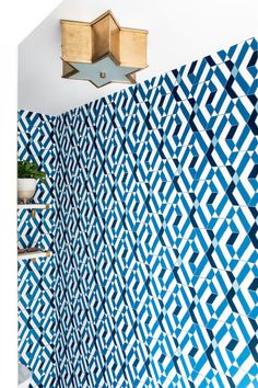 a blue and white tiled wall next to a potted plant on top of a wooden shelf