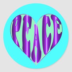 a heart shaped sticker with the word peace in purple and green on a blue background