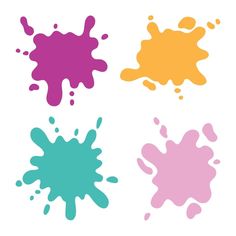 four different colored paint splatters on a white background