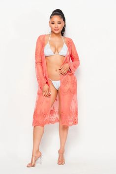 Welcome summer in style with our fabulous coral mesh embroidered kimono cover up! This stylish piece will keep you feeling cool and looking your best from day to evening. Romantic floral embroidery adorns the cozy mesh fabric, making this piece perfect for both beach getaways and summer weddings. Lace Mesh Peplum Hemline 60% Cotton 40% Nylon Embroidered Kimono, Welcome Summer, Fabric Making, Summer Weddings, Beach Getaways, Mesh Fabric, Floral Embroidery, Summer Wedding, Cold Shoulder Dress