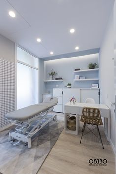 a hospital room with an ironing board and chair in it's center area