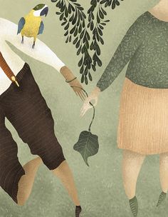 an illustration of two people holding hands in front of plants and birds on a branch