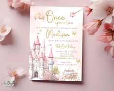 a pink and gold princess birthday party with flowers on the table next to it is a card that says, once upon at time madison