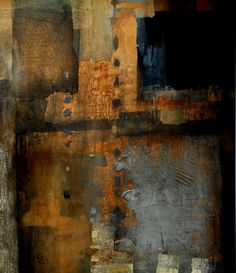 an abstract painting with different colors and shapes on it's surface, including brown, black