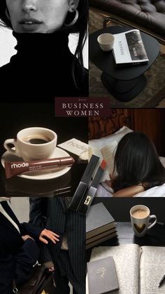 a collage of photos with coffee, books and other items