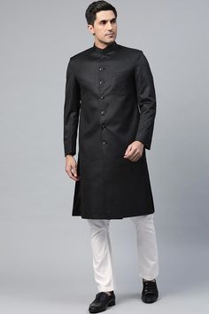 Buy Men's Art Silk  Solid Sherwani Set in Black Online - Back Indowestern Sherwani, Indo Western Sherwani, Mens Sherwani, Sherwani For Men, Brocade Blouses, Black Plain, Party Suits, Printed Trousers, Wedding Suits Men