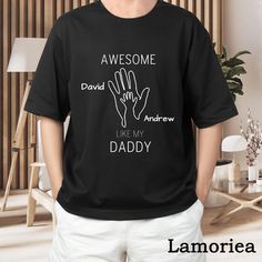 Celebrate Father's Day in style with our personalized Father's Day t-shirt! Made with high-quality materials and designed to provide comfort and a perfect fit, this t-shirt is a great gift for any dad. This Father's Day, give your dad a gift that he will cherish. Our personalized t-shirt is a thoughtful and unique way to honor and celebrate the incredible father figure in your life. Order yours today and make this Father's Day a memorable one for your dad! LAMORIEA SPECIAL SERVICE: Our designer will show you the design before we start to produce your shirt. Please allow 24 Hours for the designer to send a preview photo after placing your order. You can request to change all previews until you are satisfied! Please feel free to communicate with us. Father's Day Name Print Crew Neck T-shirt, Family Matching Relaxed Fit T-shirt For Father's Day, Father's Day Graphic Tee With Custom Print, Father's Day Custom Print Graphic Tee, Customizable Father's Day Crew Neck T-shirt, Father's Day T-shirt With Graphic Print In Relaxed Fit, Father's Day Customizable Short Sleeve T-shirt, Father's Day Customizable Graphic T-shirt, Customizable Crew Neck T-shirt For Father's Day