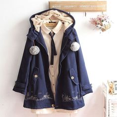 Áo Blu, Kawaii Fashion Outfits, Winter Cap, Hoodie Coat, Harajuku Fashion, Hooded Coat, Teen Fashion Outfits, Lolita Fashion