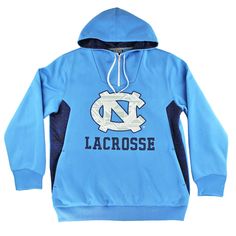 a light blue sweatshirt with the word lacrosse on it and a large north carolina logo