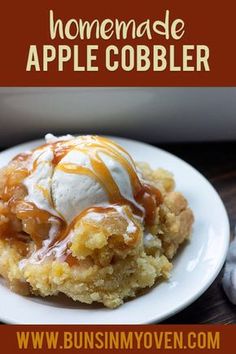 homemade apple cobbler on a white plate with caramel drizzle