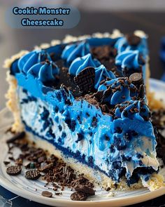 a slice of cookie monster cheesecake on a plate