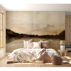 a bedroom with a large painting on the wall