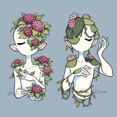 two women with flowers in their hair, one holding her hands out to the side