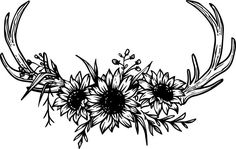 sunflowers and antlers are arranged in the shape of a circle, vintage line drawing or engraving