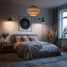 a bedroom with a large bed and two hanging lights