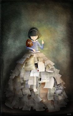 a woman in a dress made out of books with a teddy bear on her lap