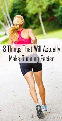 a woman running on the road with text that reads 8 things that will actually make running easier