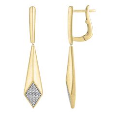 Elevate your jewelry collection with the timeless allure of these stunning yellow gold drop earrings. Crafted with care from enduring 10k yellow gold, these drop earrings feature a contemporary geometric design accented by a diamond shaped cluster of dazzling round diamonds gracing the base of the earrings. The diamonds are 1/4ctw, I in color, and I2 in clarity. These earrings measure 41.35mm in length and 14.65mm in width. Contemporary Diamond Jewellery, Modern Gold Earrings With Diamond Accents, Modern Yellow Gold Diamond Earrings, Modern Gold Linear Earrings With Diamond Accents, Modern Linear Gold Earrings With Diamond Accents, Modern Linear Earrings With Diamond Accents, Modern Gold Diamond Linear Earrings, Modern Gold Diamond Earrings For Anniversary, Modern Gold Diamond Earrings