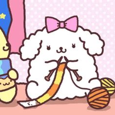 a cartoon character holding a stuffed animal next to a ball of yarn and a crochet hook