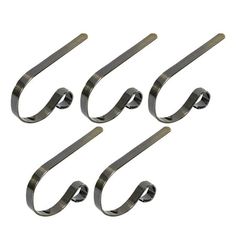 four stainless steel hooks on a white background