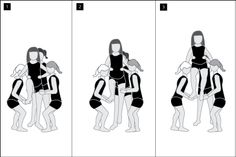 three different stages of the same person being carried on their back by another person in black and white