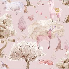 a pink wallpaper with animals and trees