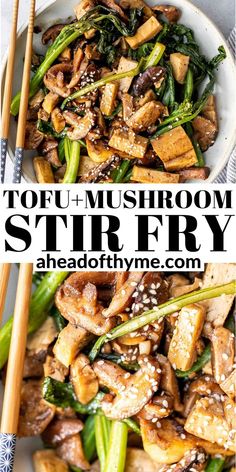 tofu and mushroom stir fry in a white bowl with chopsticks