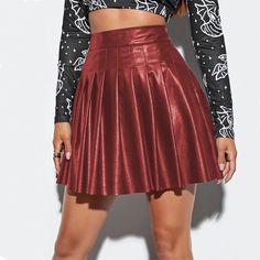 F00021056-203 Night Club Skirt, Work Outfits Frauen, Mini Pleated Skirt, Leather Pleated Skirt, High Waisted Pleated Skirt, Mode Casual, Faux Leather Skirt, Looks Chic, Work Outfits Women