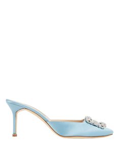 Manolo Blahnik Hangisimu Satin Mules In Blue | INTERMIX® Mule Silhouette, Pastel Shoes, Bridal Attire, Spring Sandals, Satin Heels, Footwear Design Women, Blue Satin, Fashion House