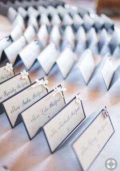 place cards are laid out on a table