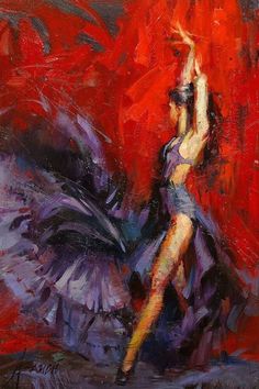 a painting of a woman dancing in purple and red dress with her arms outstretched up