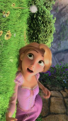 a cartoon character is peeking out from behind a tree and grass covered area with flowers