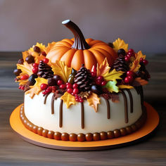 a decorated cake sitting on top of a wooden table next to a pumpkin and other decorations