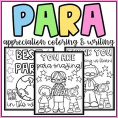 two coloring pages with the words para and an image of children's drawings on them