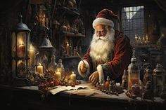 a painting of santa claus in his workshop surrounded by lit candles and other christmas items