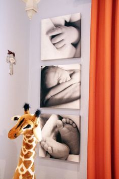 a giraffe standing in front of three pictures on the wall next to a baby's feet