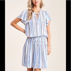 V-Keyhole Tie Ncek, Short Sleeve, Smocked Hip, Bottom Lined, Vertical Stripe Dress Blue Drawstring Dress For Day Out, Casual Blue Mini Dress With Drawstring, Vertical Striped Dress, Ruched Waist Dress, Peasant Style Dress, White Crochet Dress, Geo Print Dress, Dress Cottagecore, Boho Mini Dress