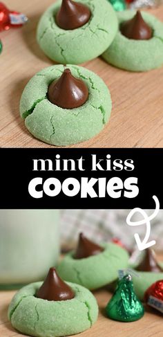 mint kiss cookies with chocolate on top