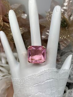 Pink Topaz Ring, Large square gem in Rose Gold plated crisscross basket-weave filigree, art deco styled ring, Art Deco Jewelry, Silver Embrace Jewelry Formal Rose Gold Topaz Ring With Accent Stones, Elegant Pink Topaz Ring For Formal Occasions, Luxury Pink Topaz Ring For Formal Occasions, Pink Feminine Rings For Anniversary, Feminine Pink Rings For Anniversary, Luxury Pink Topaz Gemstone Ring, Elegant Pink Crystal Ring For Party, Formal Rose Colored Ring Jewelry, Formal Rose-colored Ring Jewelry