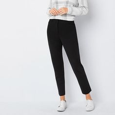 Made from a soft stretch ponte fabric, Liz Claiborne's Emma pants are a versatile base to style with everything from a t-shirt to a button-down and blazer. This ankle-length pant is cut for a slim-fit with a hook-and-eye with a zip closure and side and back pockets.Front Style: Pleated FrontFeatures: Stretch FabricClosure Type: Zipper, Button W/Hook&eyeFit: Slim FitPockets: 2 Back Slip Pockets, 2 Front Slip PocketsRise: Mid RiseFiber Content: 70% Rayon, 25% Nylon, 5% SpandexFabric Description: P Casual Black Dress Pants, Comfortable Dress Pants For Women, Black Pants Outfit Casual, Sweden Outfit, Comfortable Dress Pants, Grey Pants Outfit, Minimal Classic Style, White Uniform, Work Outfit Inspiration