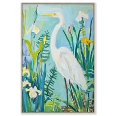 a painting of a white bird surrounded by plants and flowers on a blue background with green foliage