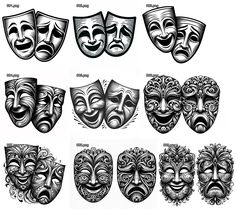 various masks with different facial expressions and designs on them, all in black and white