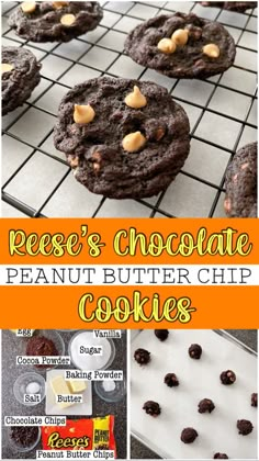 reese's chocolate peanut butter chip cookies on a cooling rack with text overlay